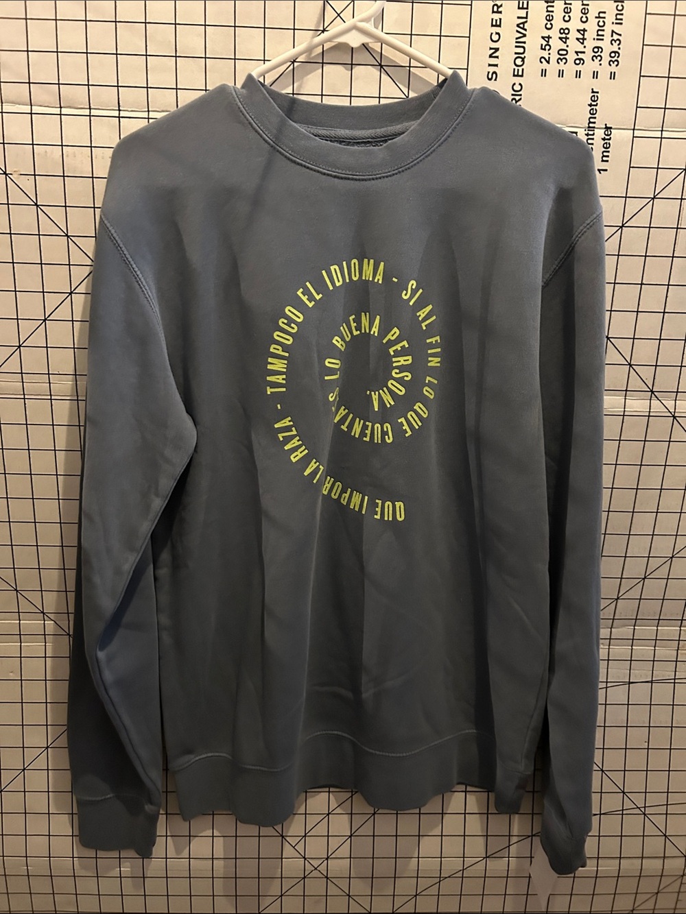 The Thread Shop Slate Blue Graphic Crewneck Sweatshirt with Yellow Circle Text